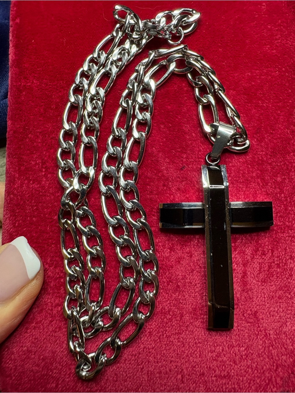 Black Cross Pendant Necklace Stainless Steel 22" Figaro Chain - Picture 2 of 5